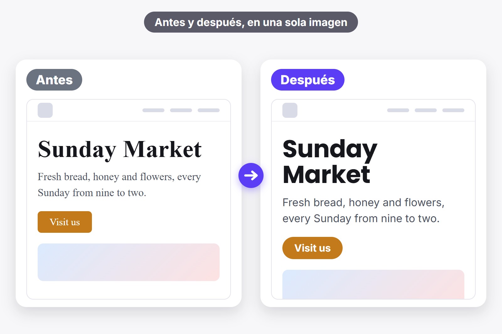 Una web mostrada dos veces, una al lado de la otra: antes con una fuente simple y después con una fuente nueva