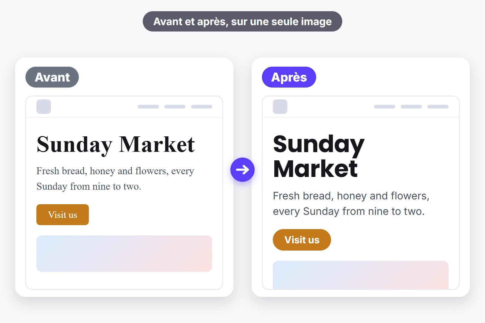 Un site web montré deux fois côte à côte : avant avec une police simple et après avec une nouvelle police