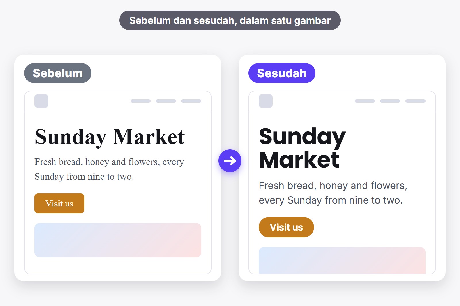 Sebuah website ditampilkan dua kali berdampingan: sebelum dengan font polos dan sesudah dengan font baru