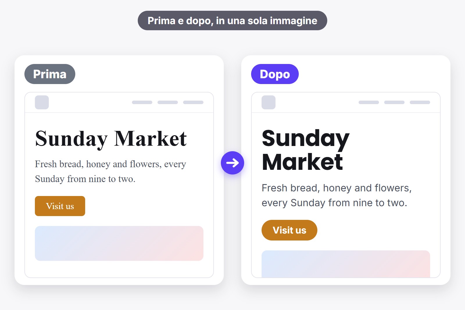 Un sito web mostrato due volte, affiancato: prima con un font semplice e dopo con un font nuovo