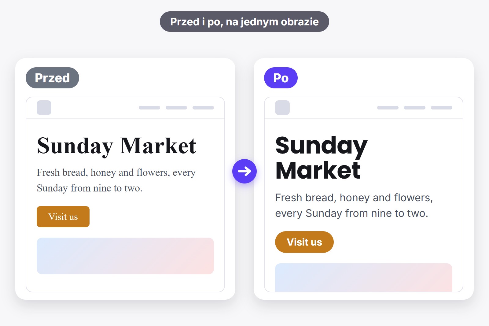 Strona internetowa pokazana dwa razy obok siebie: przed w zwykłej czcionce i po w nowej czcionce