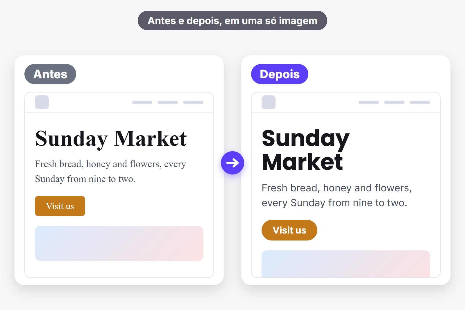 Um site mostrado duas vezes, lado a lado: antes com uma fonte simples e depois com uma fonte nova