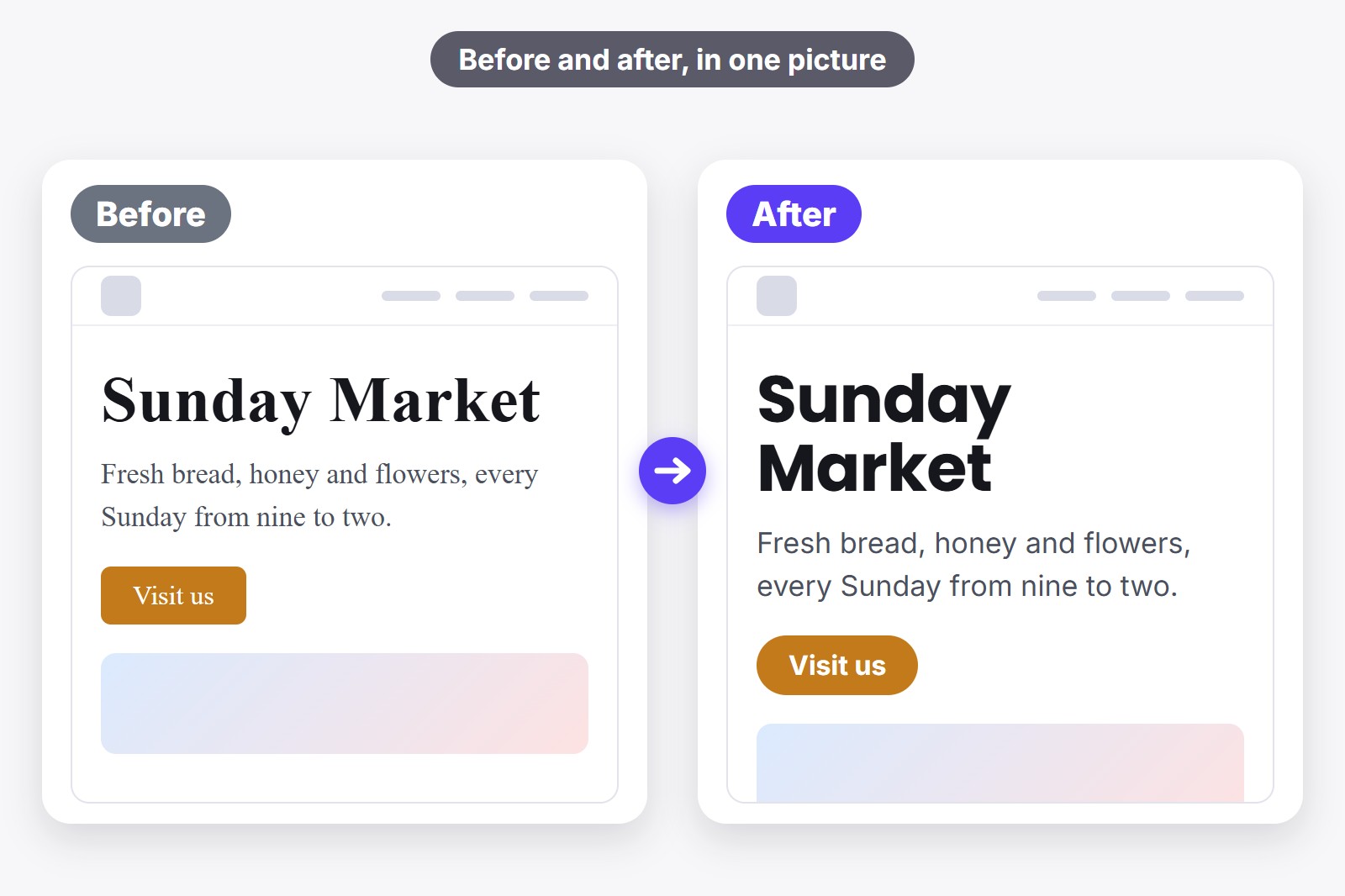 A website shown twice, side by side: before in a plain font and after in a new font