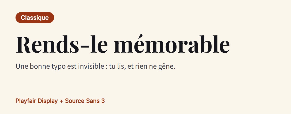 Aperçu de l’association : Playfair Display pour les titres avec Source Sans 3 pour le texte