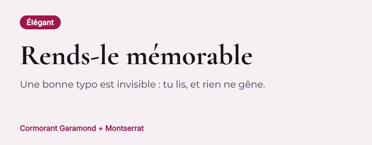 Aperçu de l’association : Cormorant Garamond pour les titres avec Montserrat pour le texte