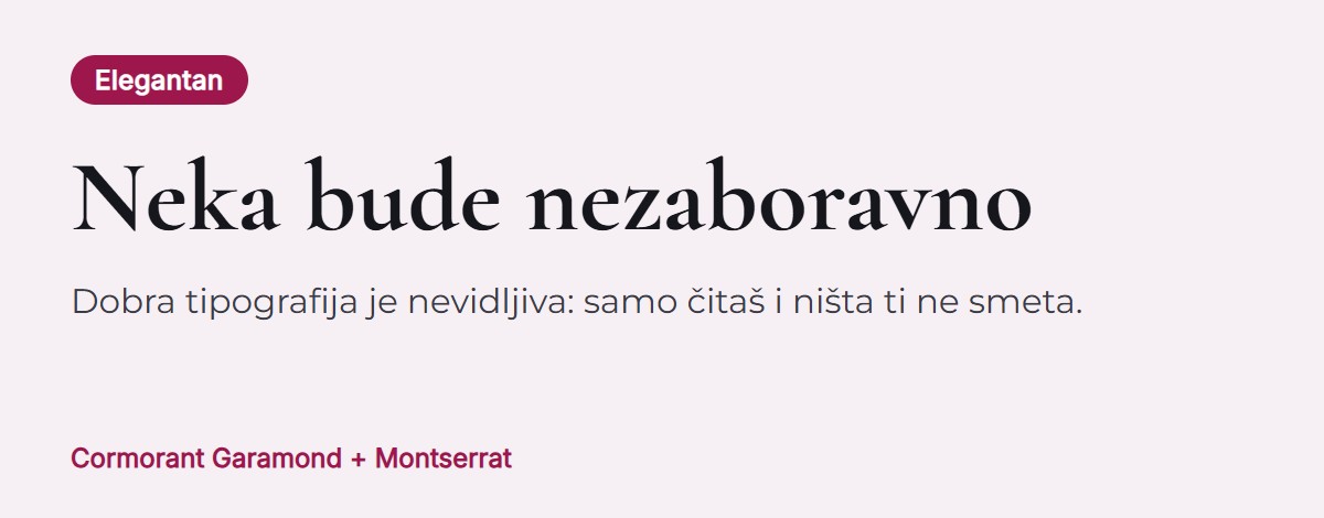 Pregled sparivanja fontova: Cormorant Garamond za naslove i Montserrat za tekst