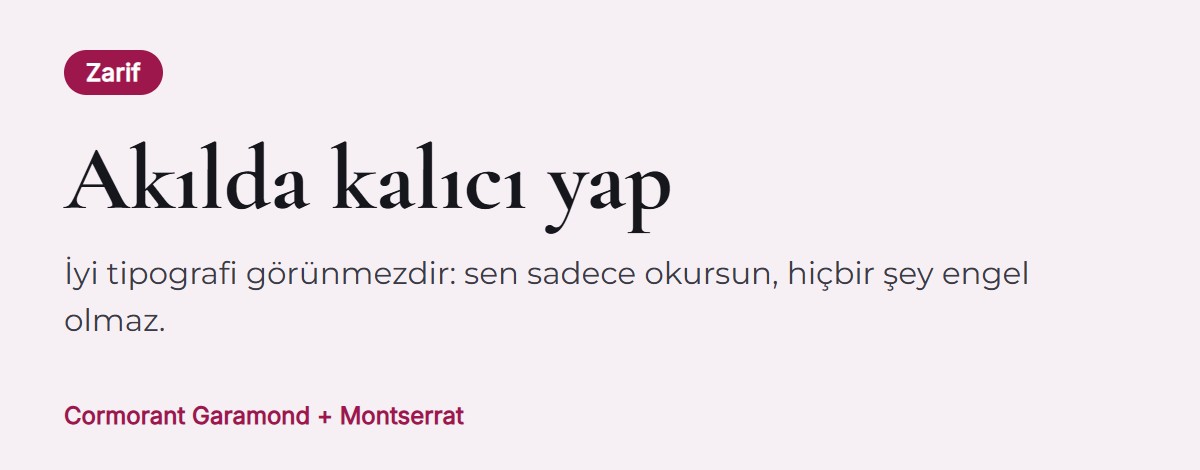 Font eşleşmesi önizlemesi: başlık için Cormorant Garamond, metin için Montserrat