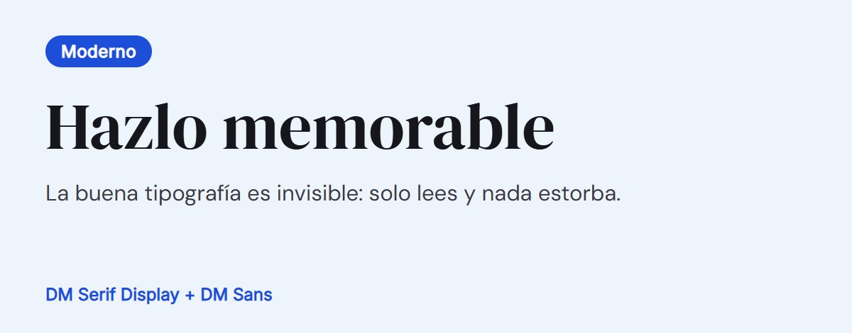Vista previa del par de fuentes: DM Serif Display para títulos y DM Sans para el texto