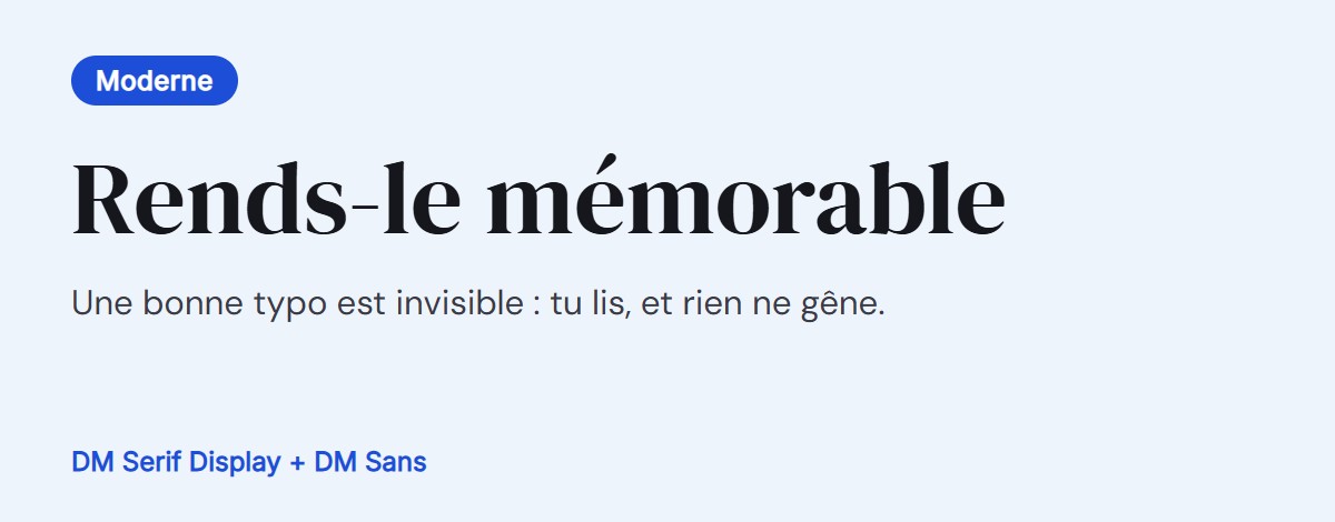Aperçu de l’association : DM Serif Display pour les titres avec DM Sans pour le texte