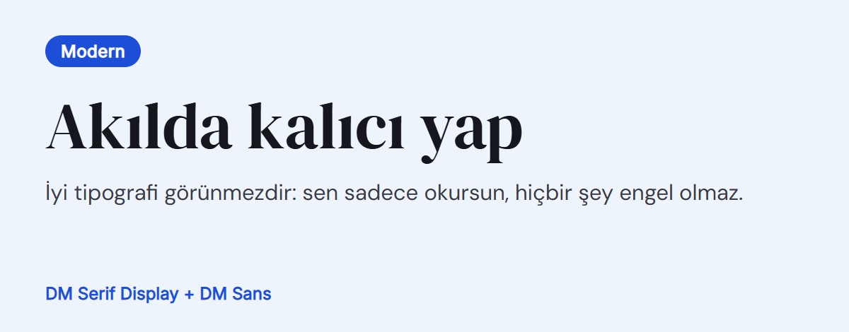 Font eşleşmesi önizlemesi: başlık için DM Serif Display, metin için DM Sans
