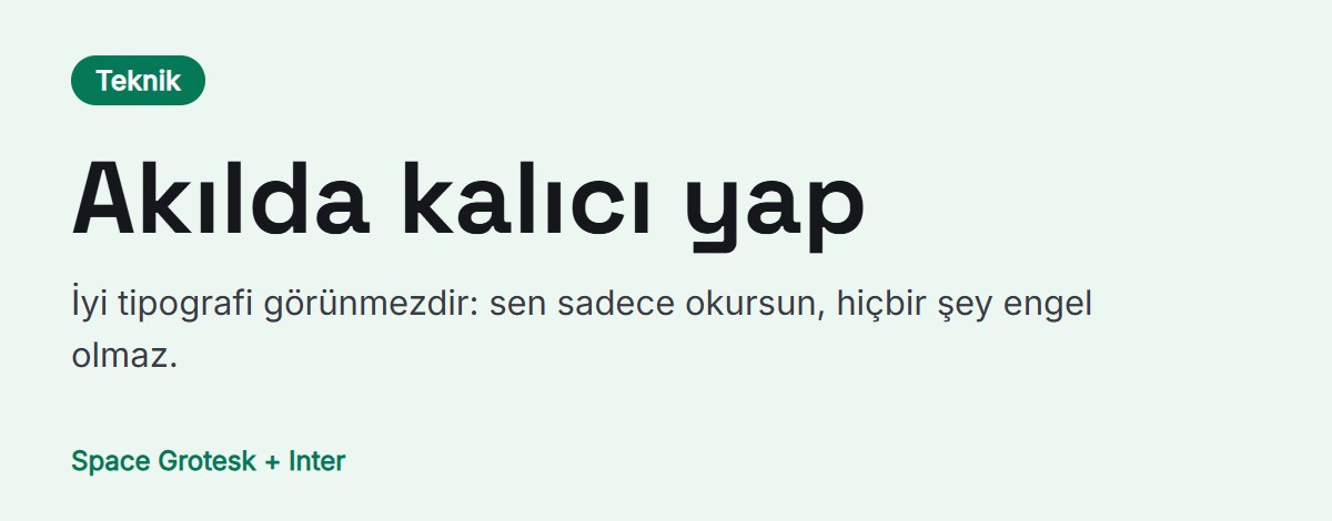 Font eşleşmesi önizlemesi: başlık için Space Grotesk, metin için Inter