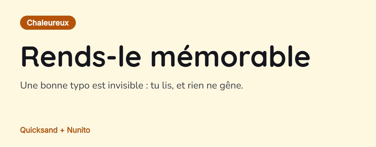 Aperçu de l’association : Quicksand pour les titres avec Nunito pour le texte