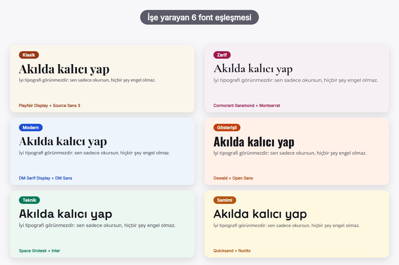 Web siteleri için Google font eşleşmelerini gösteren altı kart, her birinde bir başlık fontu, bir metin fontu ve bir hava etiketi var