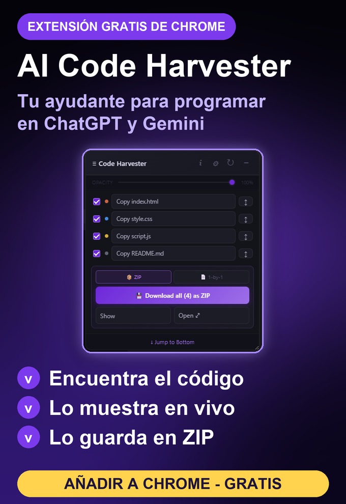 AI Code Harvester, una extensión gratuita de Chrome que ayuda a programar en ChatGPT y Gemini: el panel flotante encuentra los archivos de código y te deja copiarlos, mostrarlos o descargarlos en ZIP. Añadir a Chrome