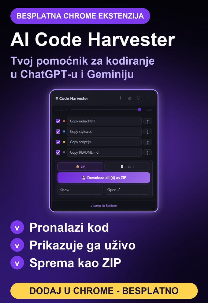 AI Code Harvester, besplatna Chrome ekstenzija koja pomaže pri kodiranju u ChatGPT-u i Geminiju: plutajuća ploča pronalazi datoteke s kodom, a ti ih kopiraš, prikažeš ili preuzmeš kao ZIP. Dodaj u Chrome
