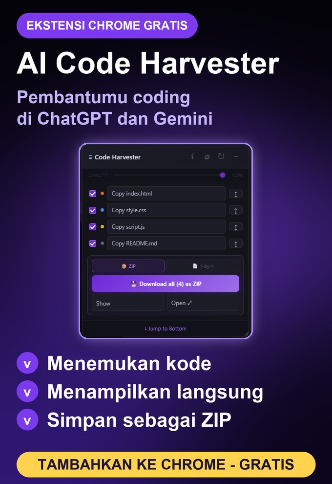 AI Code Harvester, ekstensi Chrome gratis yang membantu coding di ChatGPT dan Gemini: panel melayangnya menemukan file kode, lalu kamu bisa menyalin, menampilkan, atau mengunduhnya sebagai ZIP. Tambahkan ke Chrome