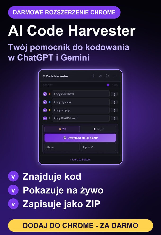 AI Code Harvester, darmowe rozszerzenie Chrome, które pomaga programować w ChatGPT i Gemini: pływający panel znajduje pliki z kodem, a ty możesz je skopiować, pokazać albo pobrać jako ZIP. Dodaj do Chrome