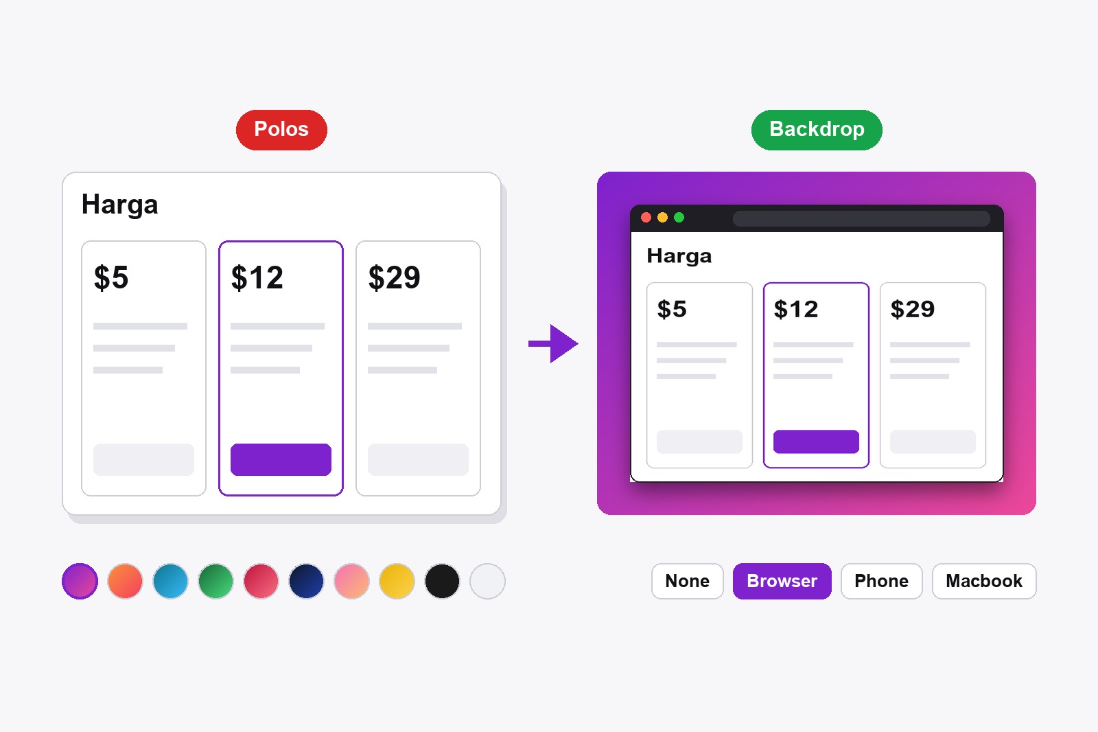 Halaman yang sama dua kali: tangkapan layar polos di kiri, dan di kanan di dalam bingkai browser di atas gradien ungu dengan bayangan lembut, dengan contoh latar dan opsi bingkai di bawahnya