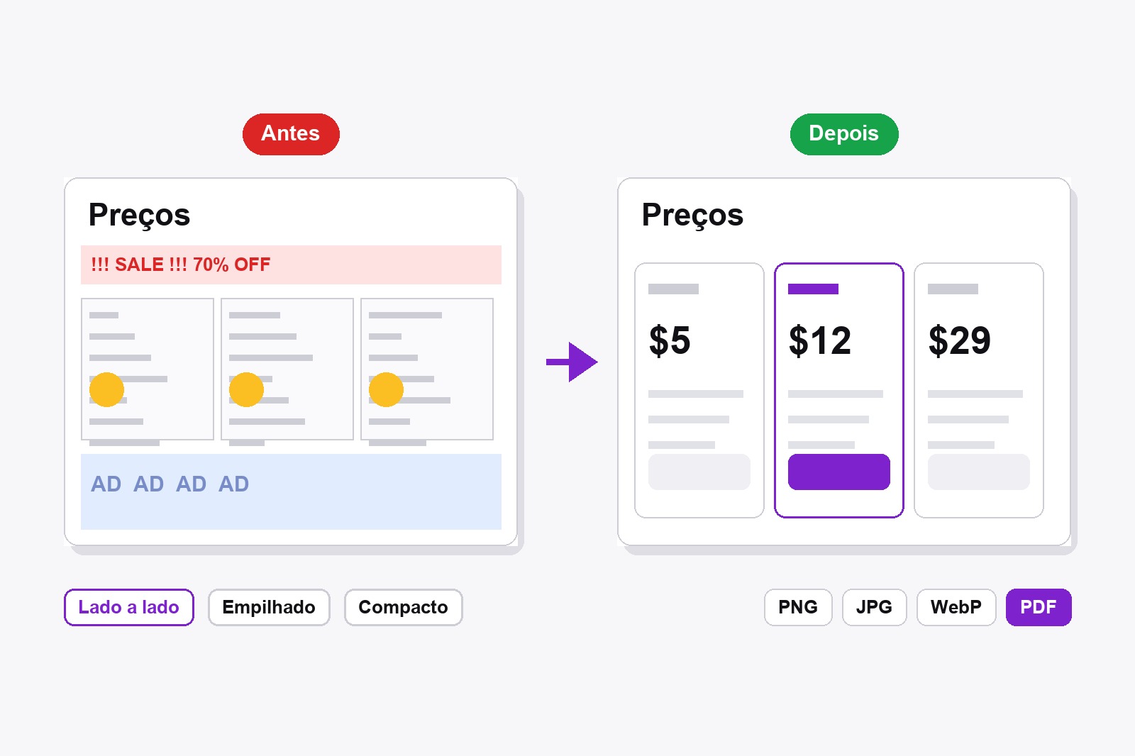 Duas versões da mesma página, uma carregada com o rótulo Antes e outra limpa com o rótulo Depois, lado a lado, com os formatos de exportação PNG, JPG, WebP e PDF embaixo