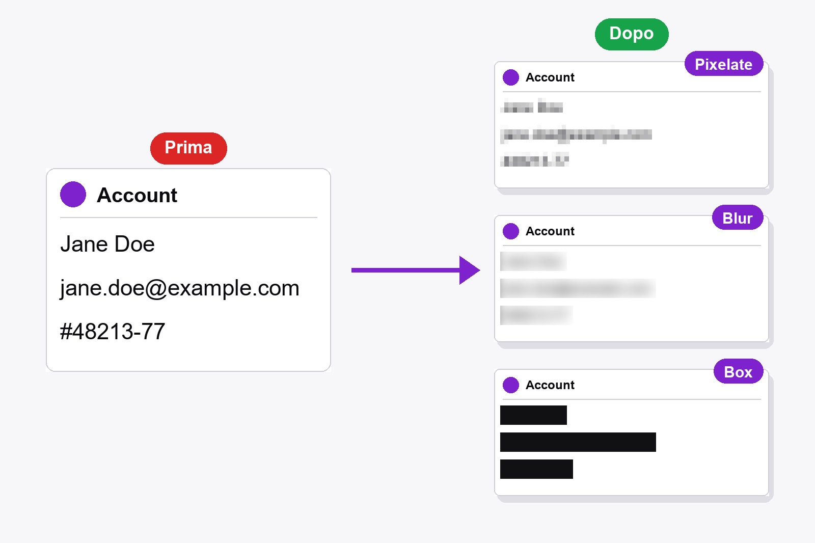 Una finta scheda account con nome, e-mail e numero d'ordine: una volta leggibile e tre volte coperta con Pixelate, Blur e Box