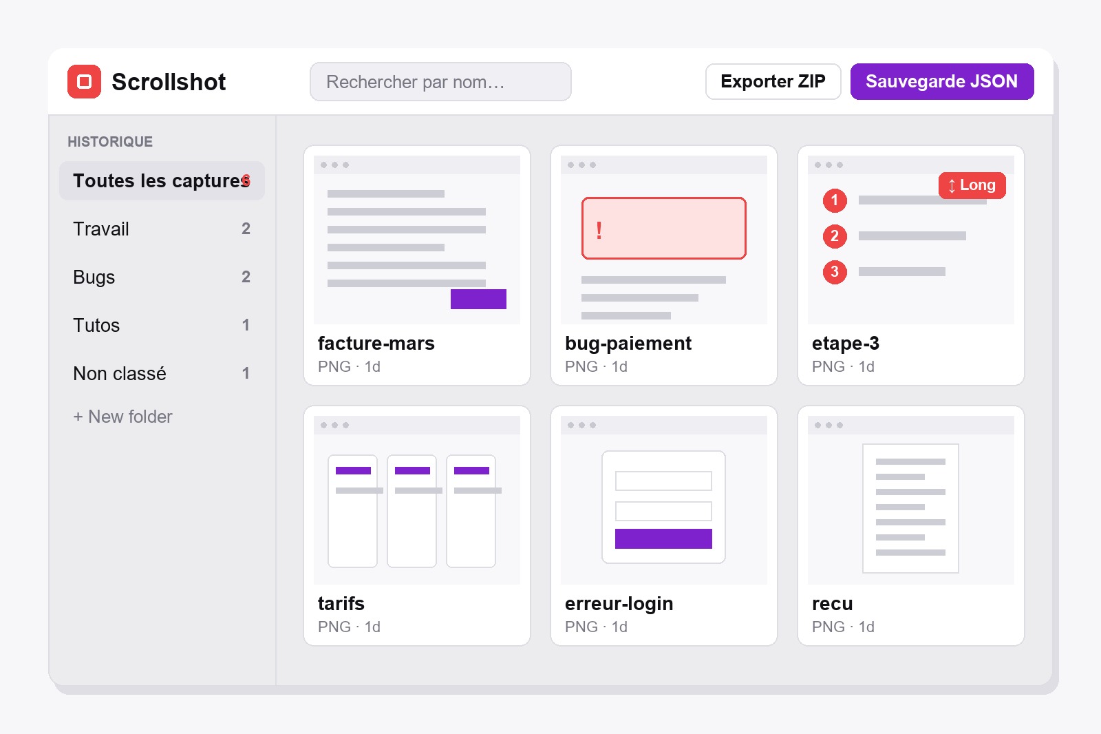 La galerie Scrollshot : une barre latérale avec les dossiers Travail, Bugs et Tutos, un champ de recherche et une grille de captures enregistrées