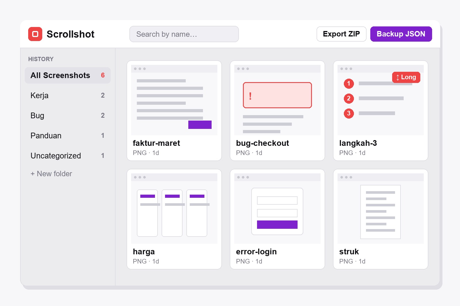 Galeri Scrollshot: bilah samping dengan folder Kerja, Bug, dan Panduan, kotak pencarian, dan kisi tangkapan layar tersimpan