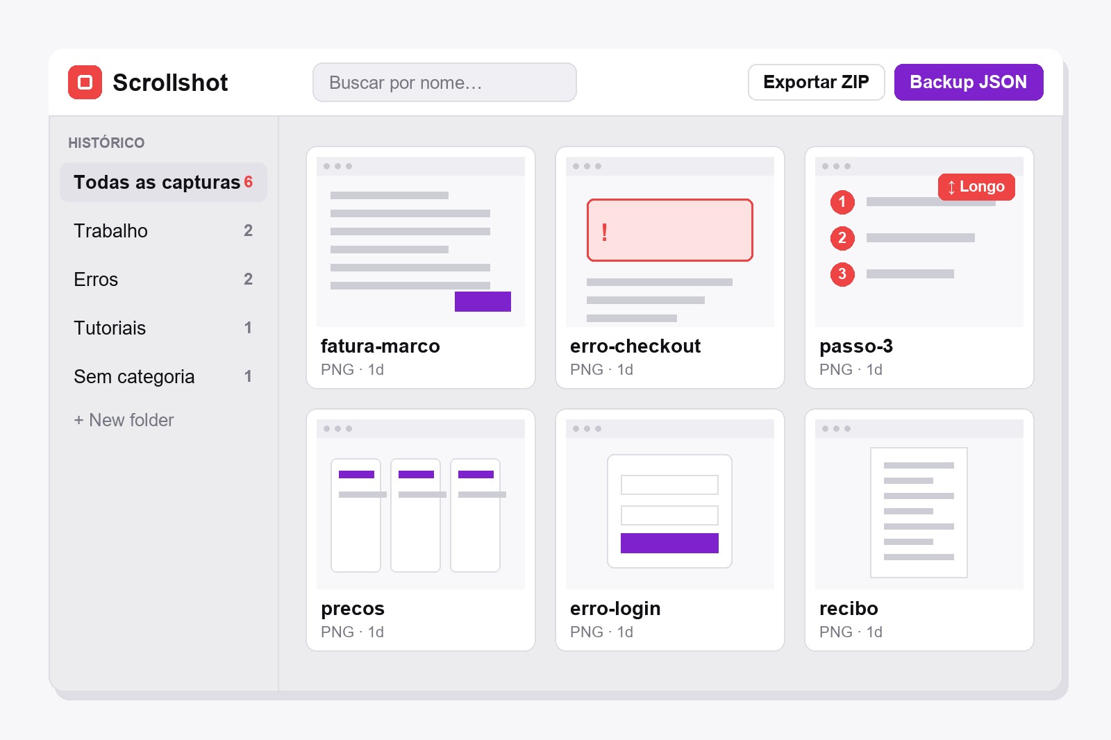 A galeria do Scrollshot: uma barra lateral com as pastas Trabalho, Erros e Tutoriais, uma caixa de busca e uma grade de prints salvos