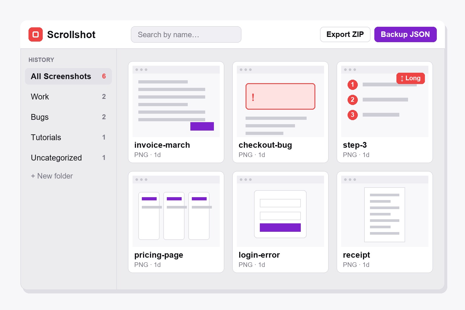 The Scrollshot gallery: a sidebar with the folders Work, Bugs and Tutorials, a search box and a grid of saved screenshots