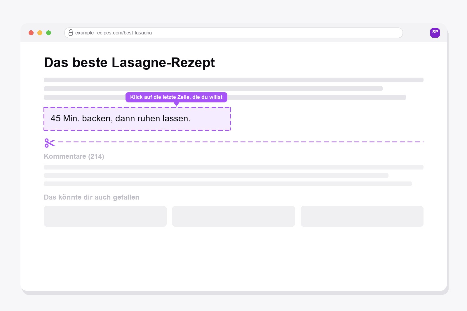 Lila gestrichelte Umrandung um den letzten Absatz einer Webseite, mit einer Schere-Linie, die Kommentare und ähnliche Beiträge darunter abschneidet