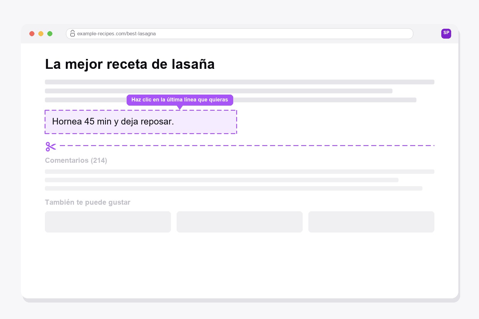 Recuadro morado discontinuo alrededor del último párrafo de una página web, con una línea de tijeras que corta los comentarios y los artículos relacionados de debajo