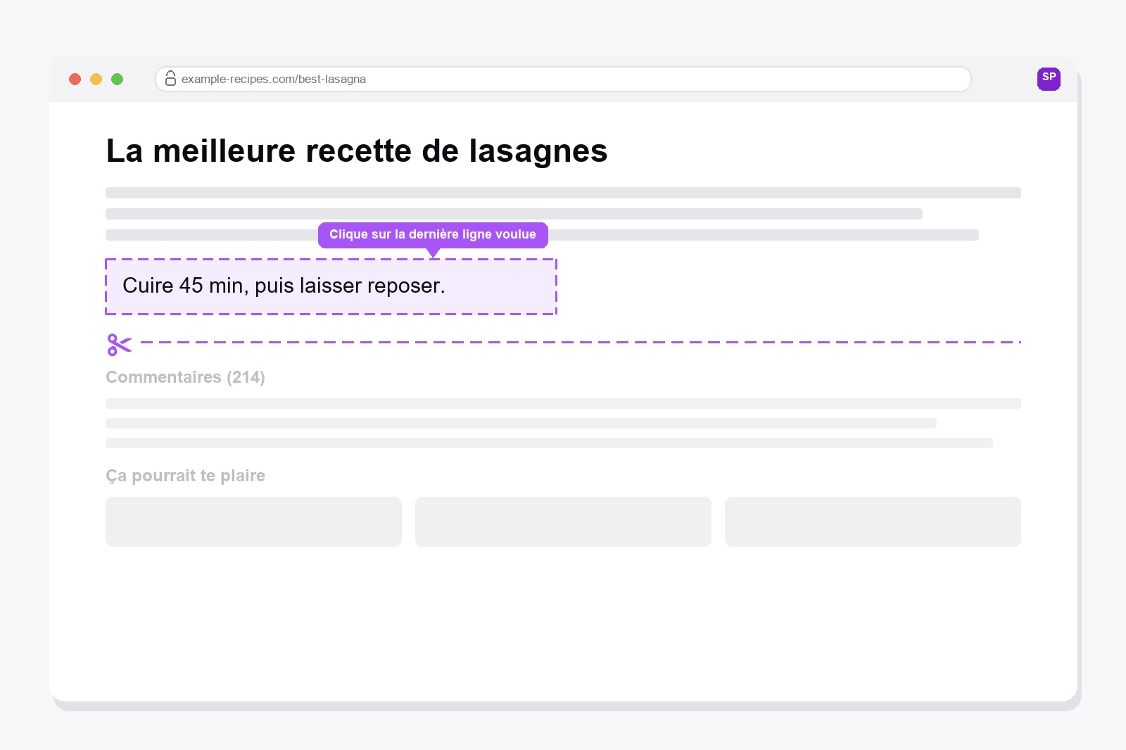 Cadre violet en pointillés autour du dernier paragraphe d'une page web, avec une ligne de ciseaux qui coupe les commentaires et les articles similaires en dessous