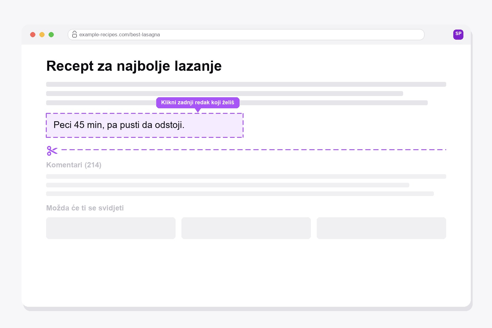 Ljubičasti isprekidani okvir oko zadnjeg odlomka web stranice, s linijom škara koja odrezuje komentare i slične članke ispod njega
