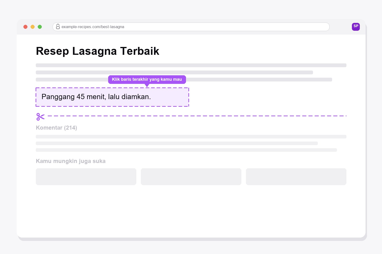 Bingkai ungu putus-putus di sekitar paragraf terakhir halaman web, dengan garis gunting yang memotong komentar dan artikel terkait di bawahnya