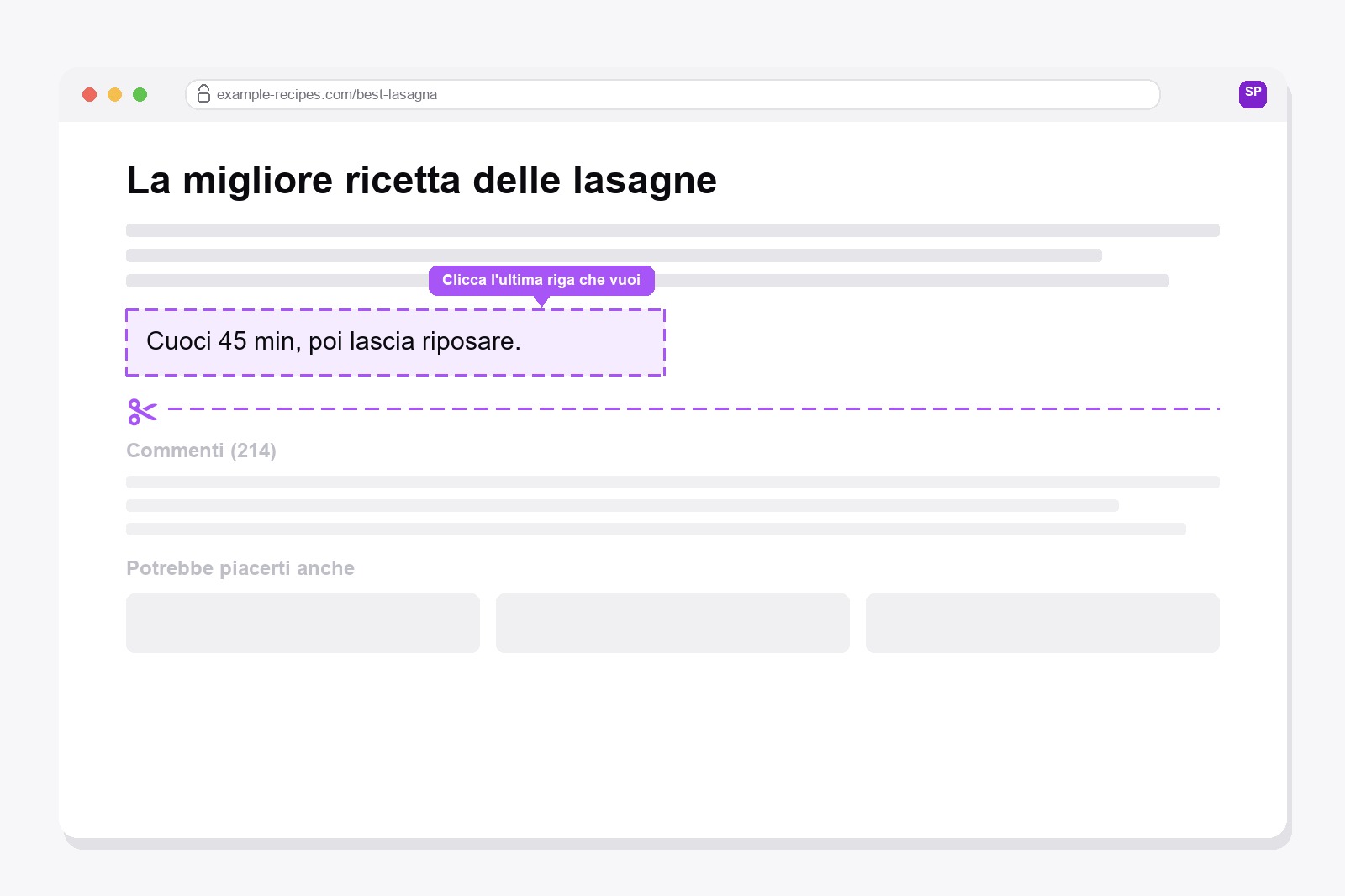 Riquadro viola tratteggiato attorno all'ultimo paragrafo di una pagina web, con una linea di forbici che taglia i commenti e gli articoli correlati sotto di esso