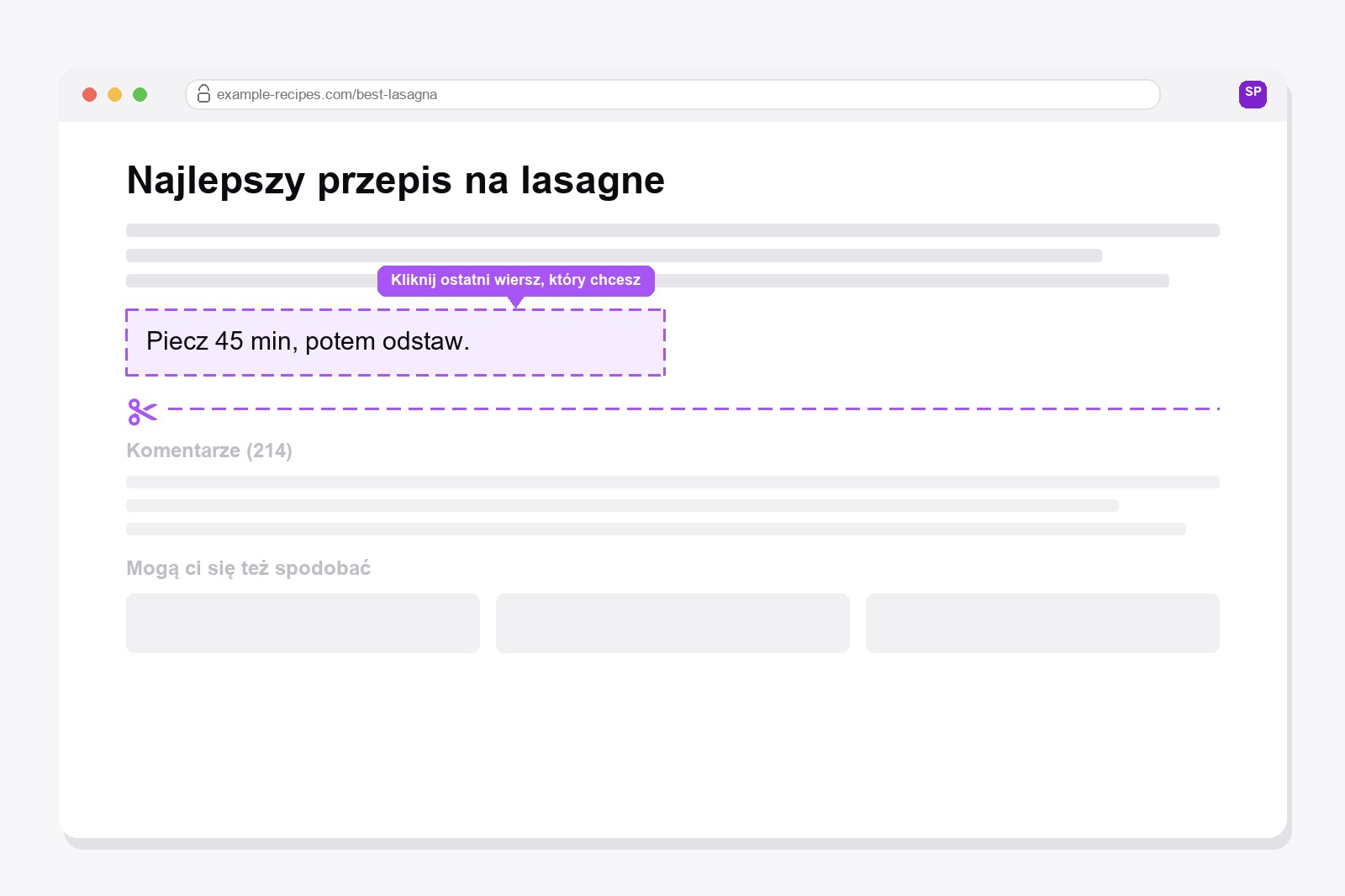 Fioletowa przerywana ramka wokół ostatniego akapitu strony, z linią nożyczek odcinającą komentarze i powiązane wpisy poniżej