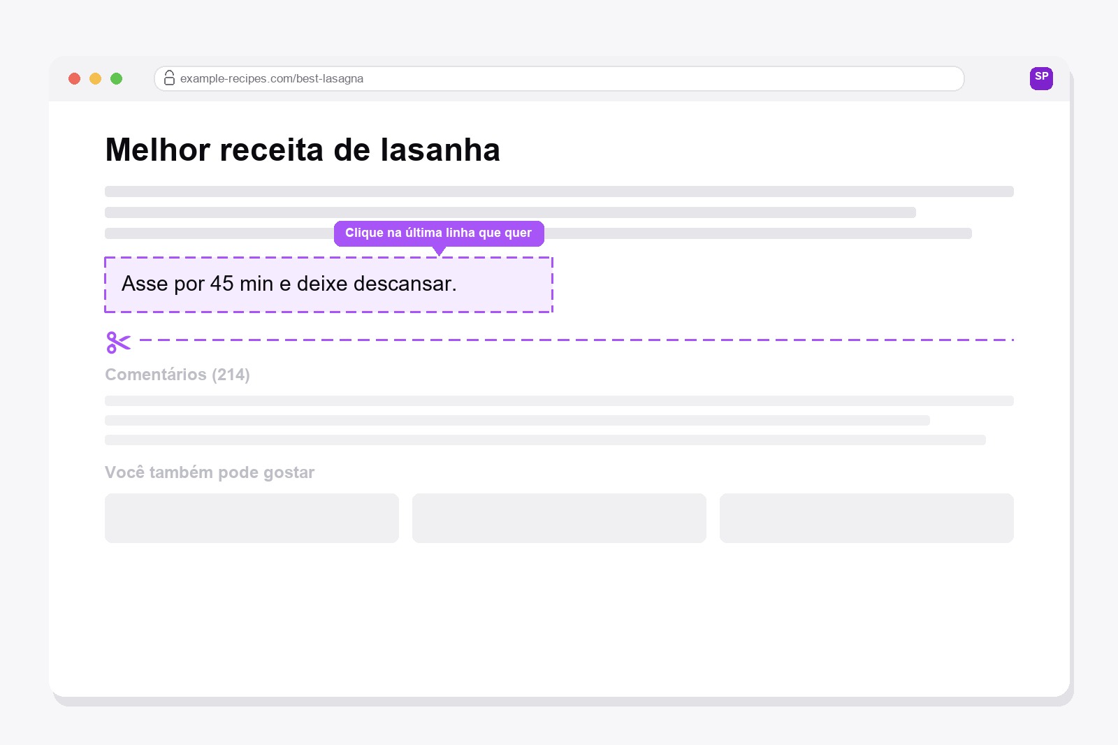 Moldura roxa tracejada em volta do último parágrafo de uma página web, com uma linha de tesoura cortando os comentários e posts relacionados abaixo dele
