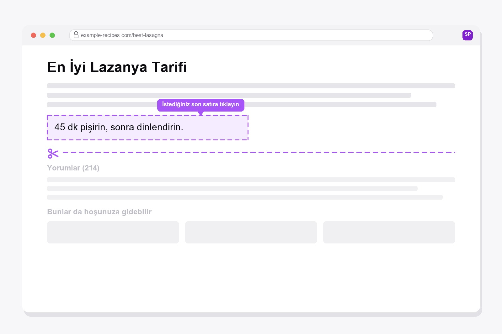 Bir web sayfasının son paragrafının etrafında mor kesikli çerçeve ve altındaki yorumları ile ilgili yazıları kesen bir makas çizgisi