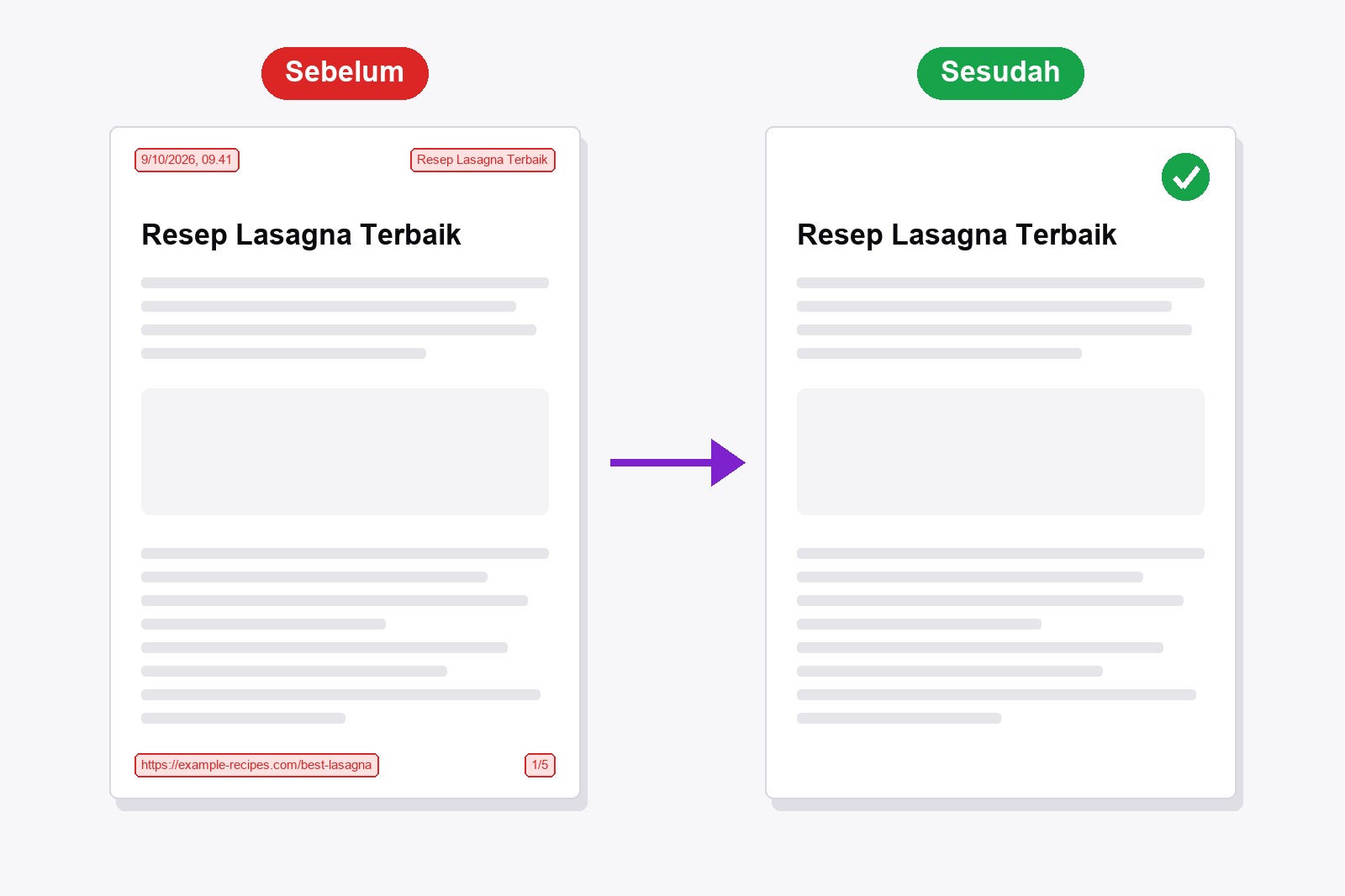 Halaman cetak yang sama dua kali: sebelum, dengan tanggal, judul, alamat web, dan nomor halaman dalam kotak merah, dan sesudah, halaman bersih dengan tanda centang hijau