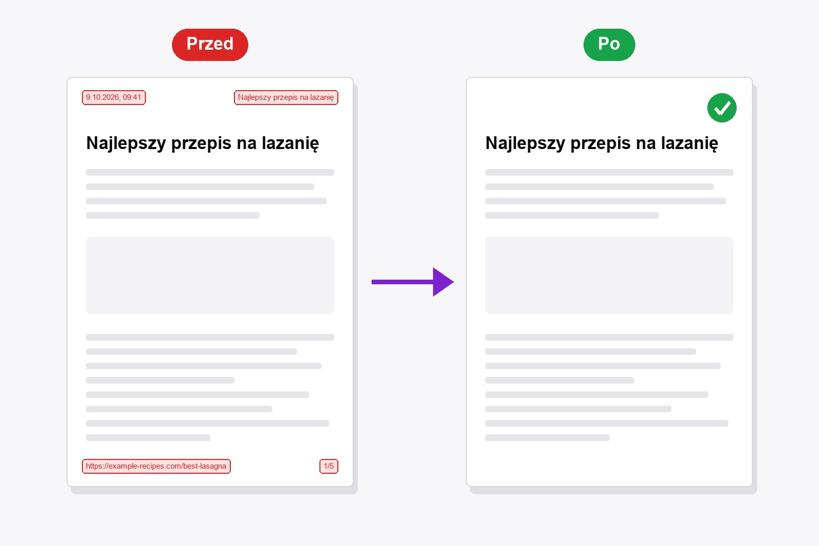 Ta sama wydrukowana strona dwa razy: przed, z datą, tytułem, adresem www i numerem strony w czerwonych ramkach, i po, czysta strona z zielonym znaczkiem