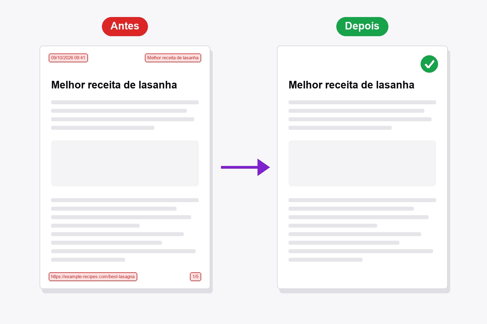 A mesma página impressa duas vezes: antes, com data, título, endereço do site e número da página em caixas vermelhas, e depois, uma página limpa com um visto verde