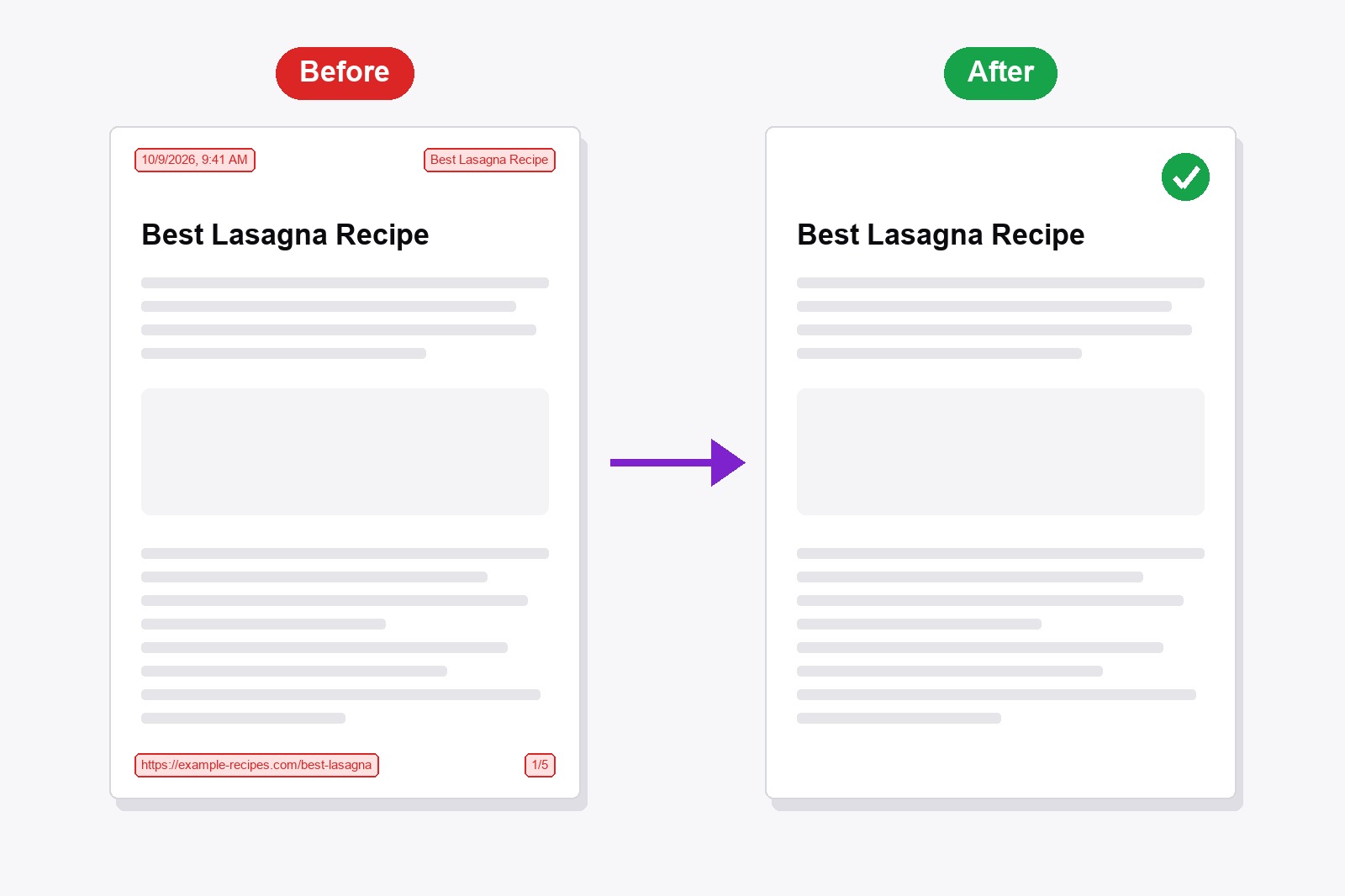 The same printed page twice: before, with a date, title, web address and page number in red boxes, and after, with a clean page and a green tick