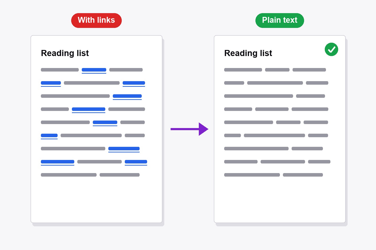 The same text printed twice: on the left with blue underlined links, on the right with the links shown as plain text