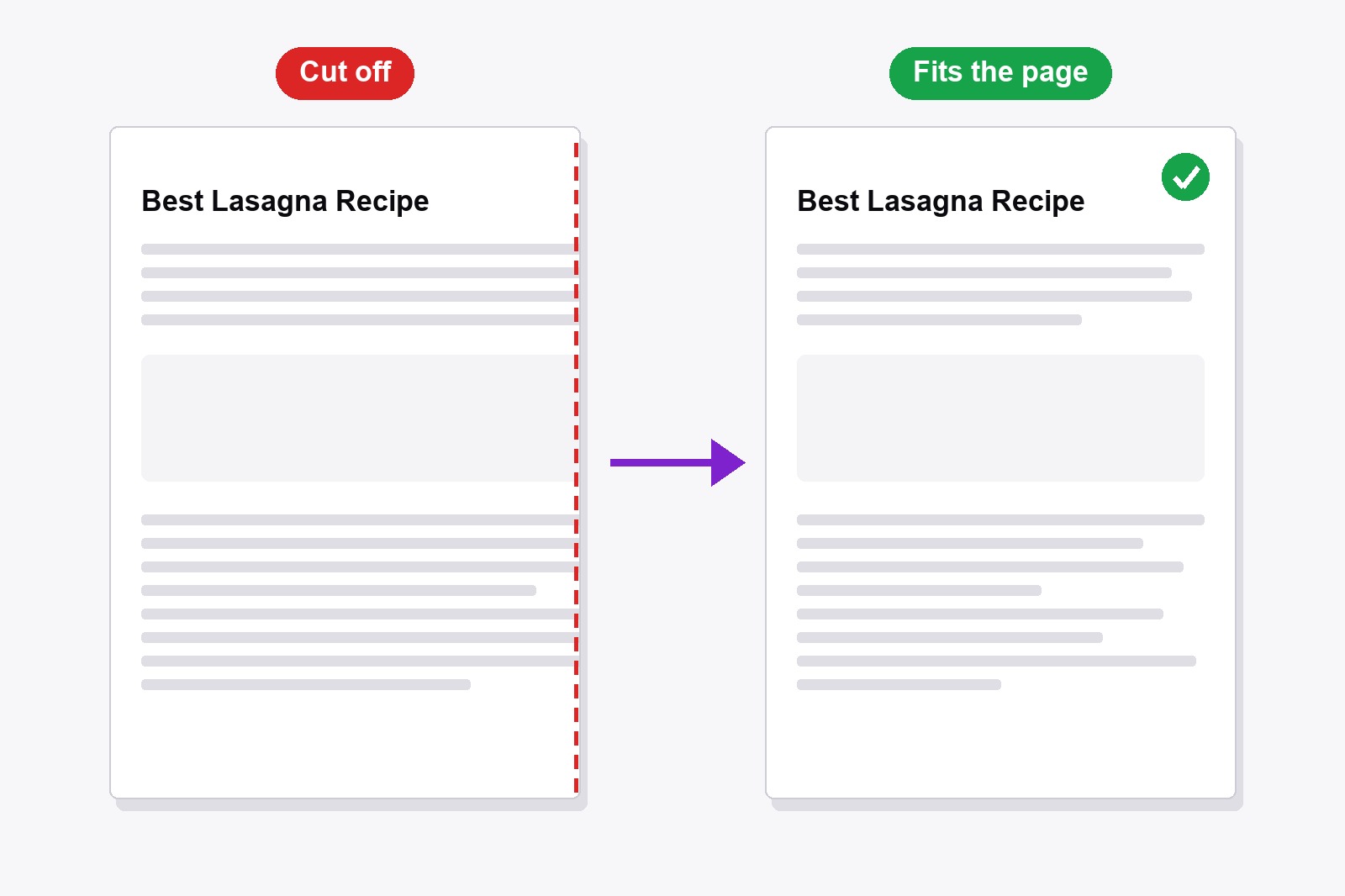 The same web page printed twice: on the left it is cut off at the right edge of the paper, on the right it fits the page with a green tick
