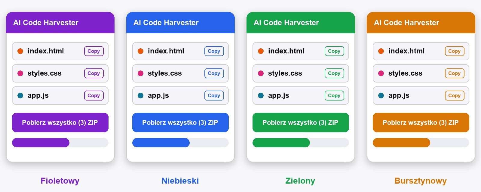 Panel AI Code Harvester w czterech kolorach akcentu: fioletowym, niebieskim, zielonym i bursztynowym, każdy z listą plików i przyciskiem pobierania wszystkiego jako ZIP